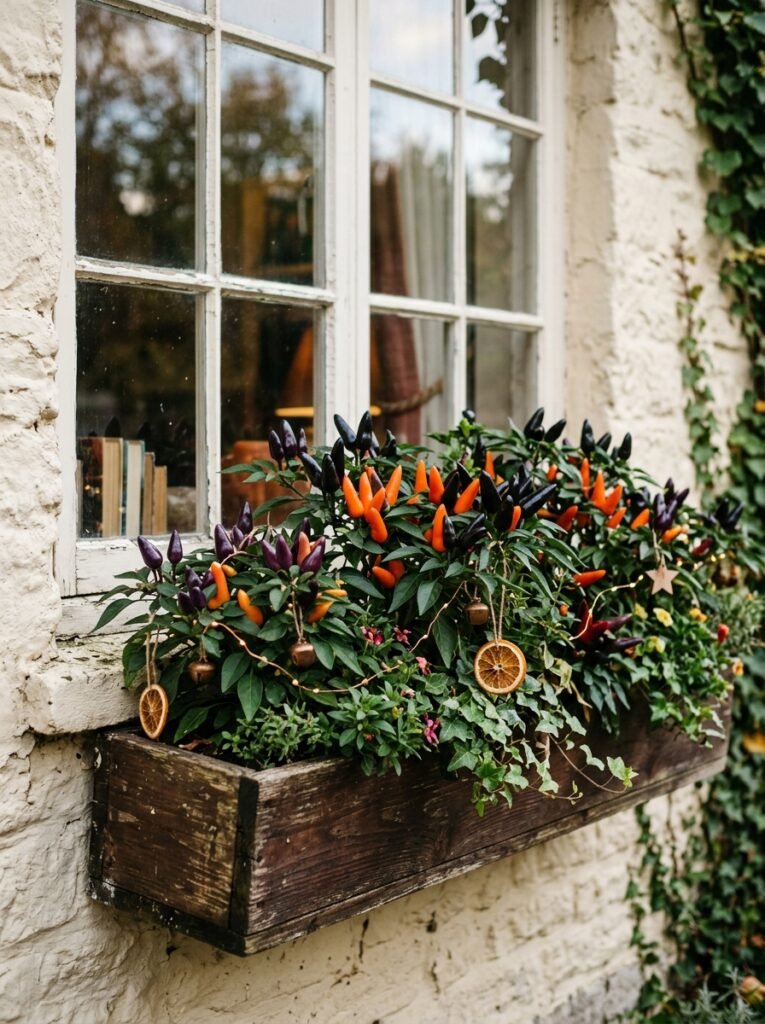 Modern fall window box planter ideas styled with vibrant red orange and purple ornamental pepper plants for a pop of color.