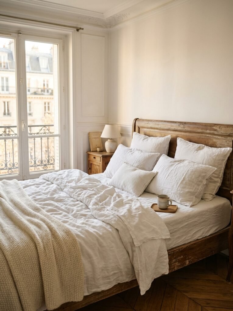 Parisian bed with rumpled white linen bedding and layered pillows
