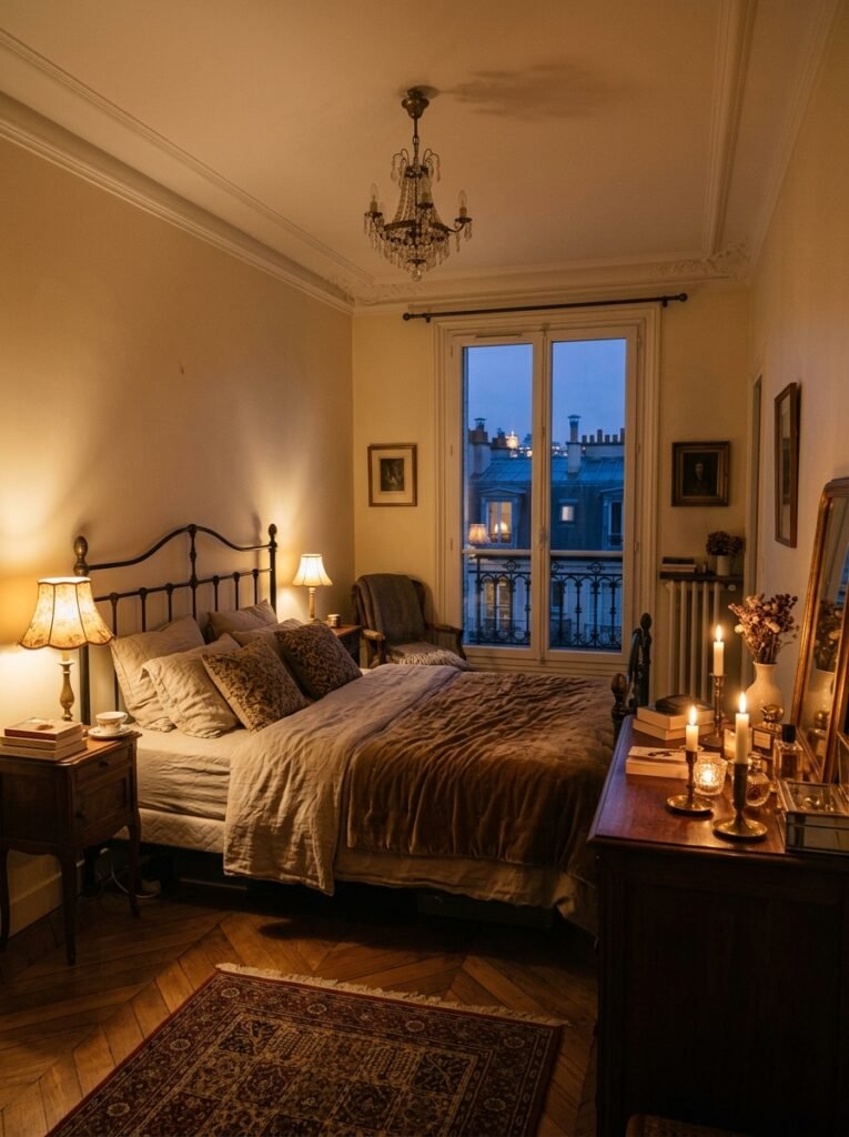 Parisian bedroom lit by table lamps and candles at evening