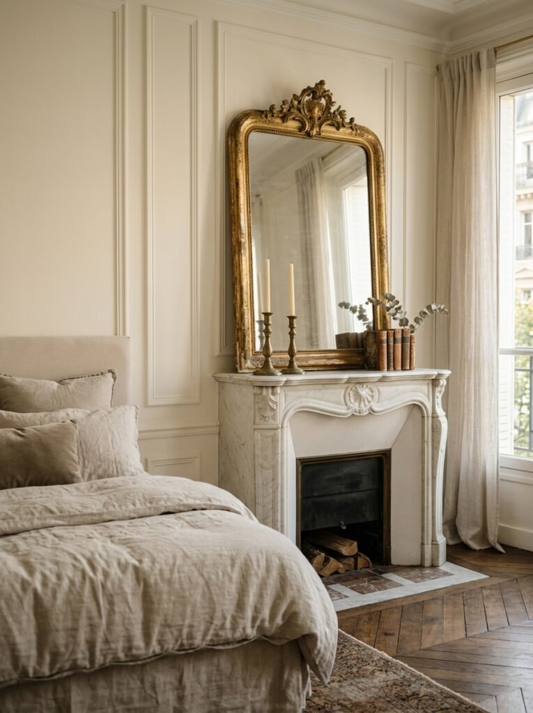 White marble mantel with a gold mirror and candlesticks in a Parisian bedroom