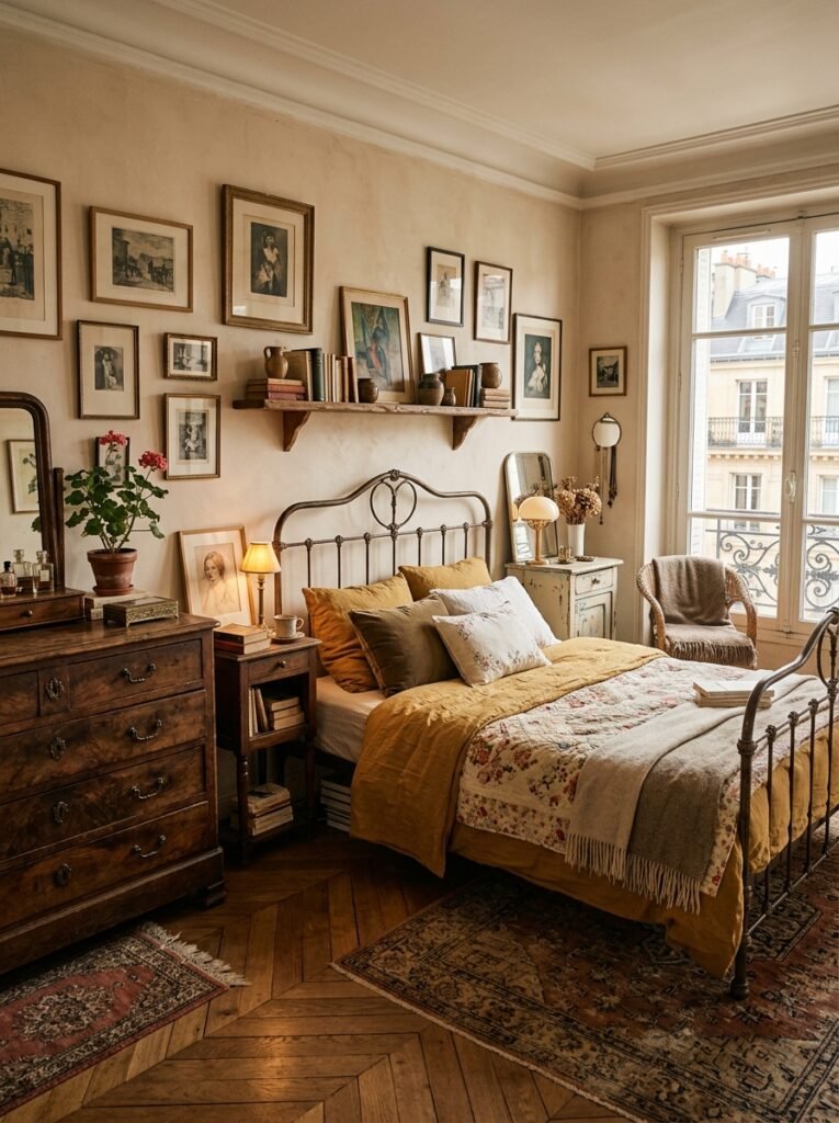 Parisian bedroom with mismatched vintage furniture