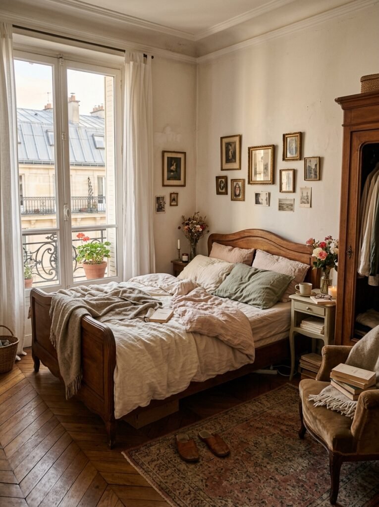 Effortlessly imperfect Parisian bedroom with tossed throw