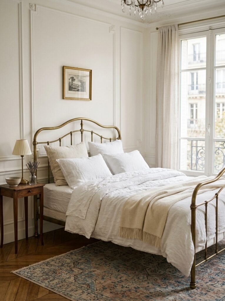 Antique brass bed frame with white linen bedding in a Parisian bedroom