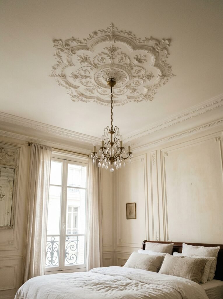 Plaster ceiling medallion around a brass chandelier in a Parisian bedroom