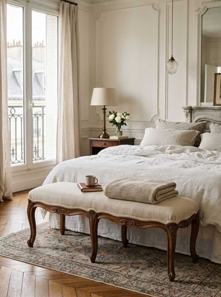 Upholstered linen bench at the foot of a Parisian bed