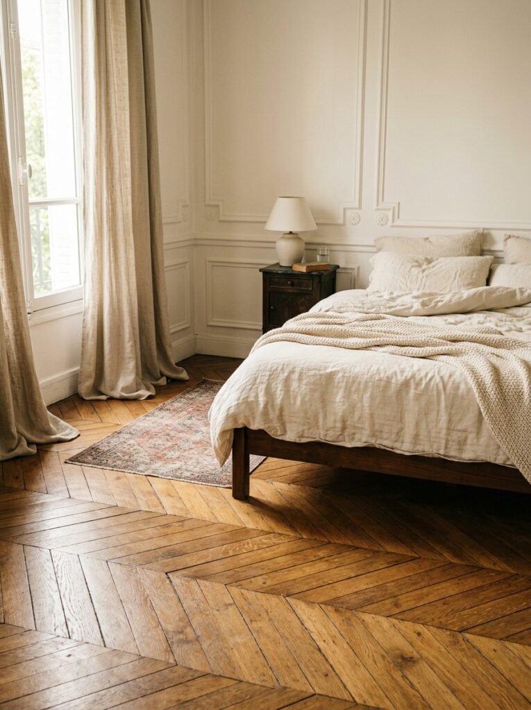 Parisian bedroom with warm herringbone wood floors