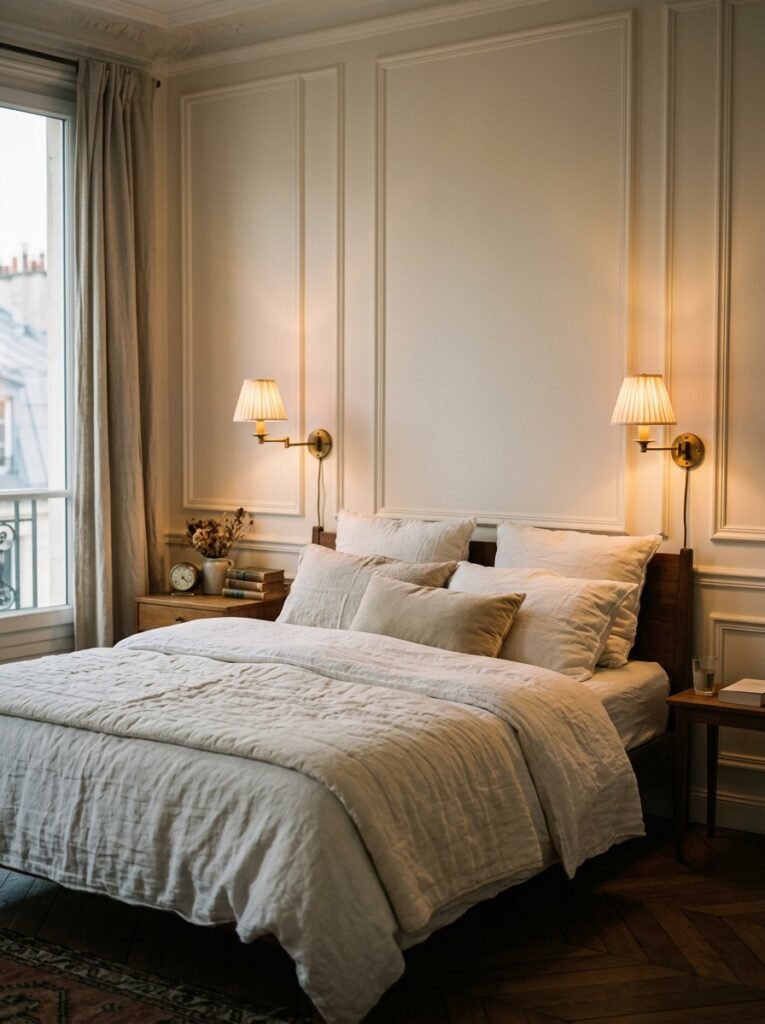 Brass wall sconces with pleated shades beside a Parisian bed