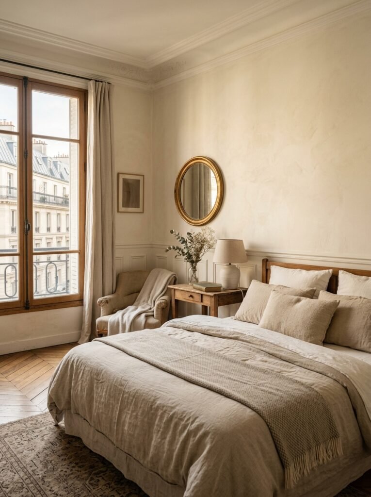 Parisian bedroom with warm creamy white walls