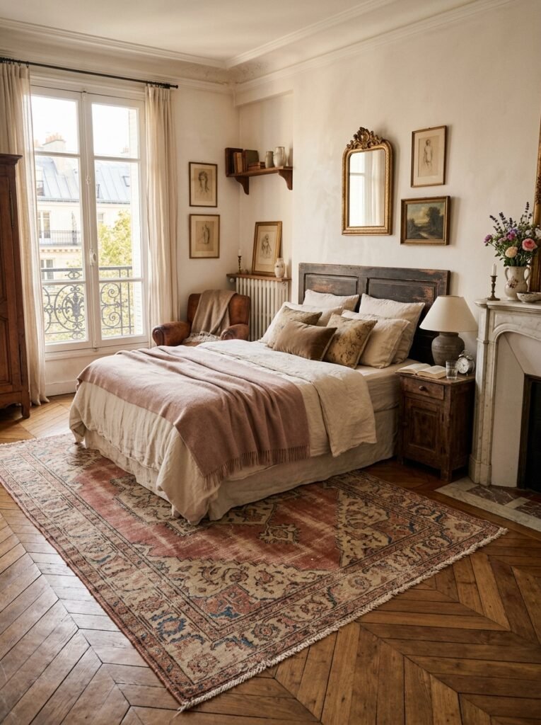 Faded Persian-style rug under a Parisian bed