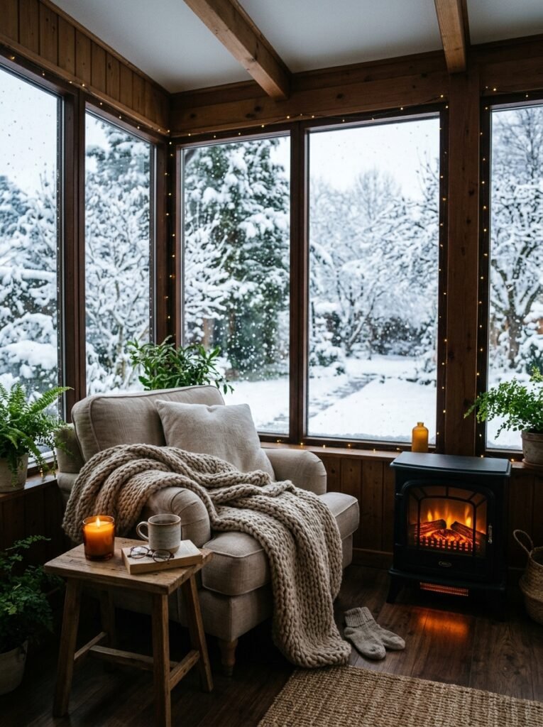 sunroom with cozy armchair in winter