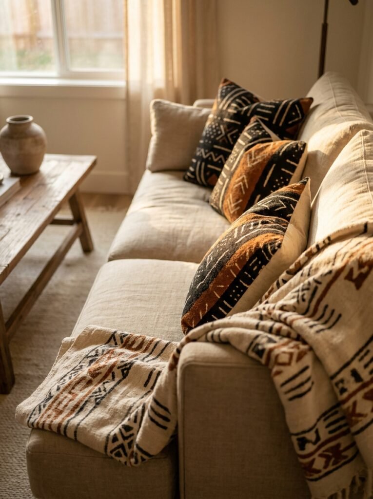 Black and white mudcloth pillows and throw on a linen sofa
