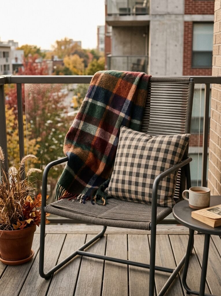 plaid blanket on balcony chair 