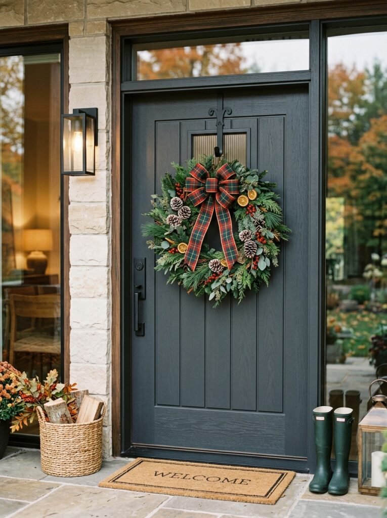 plaid ribbon wreath on door 202607161907