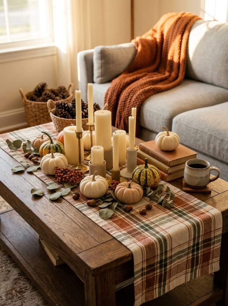 Plaid runner under a fall coffee table arrangement