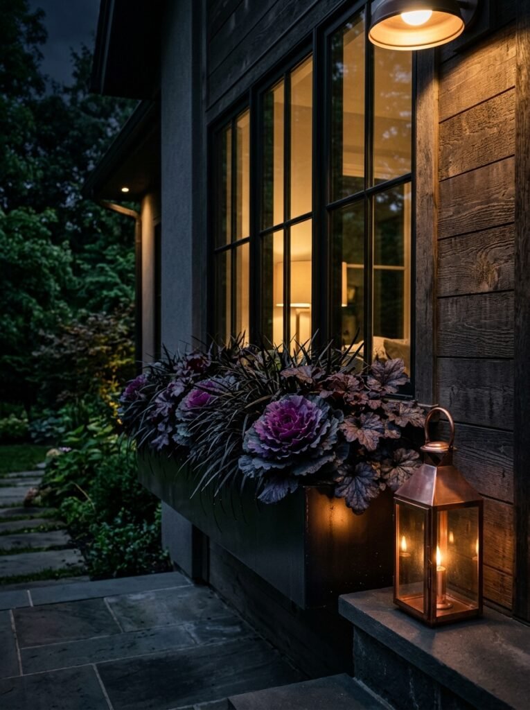 Moody fall window box planter idea featuring near black vines and dark purple mondo grass.