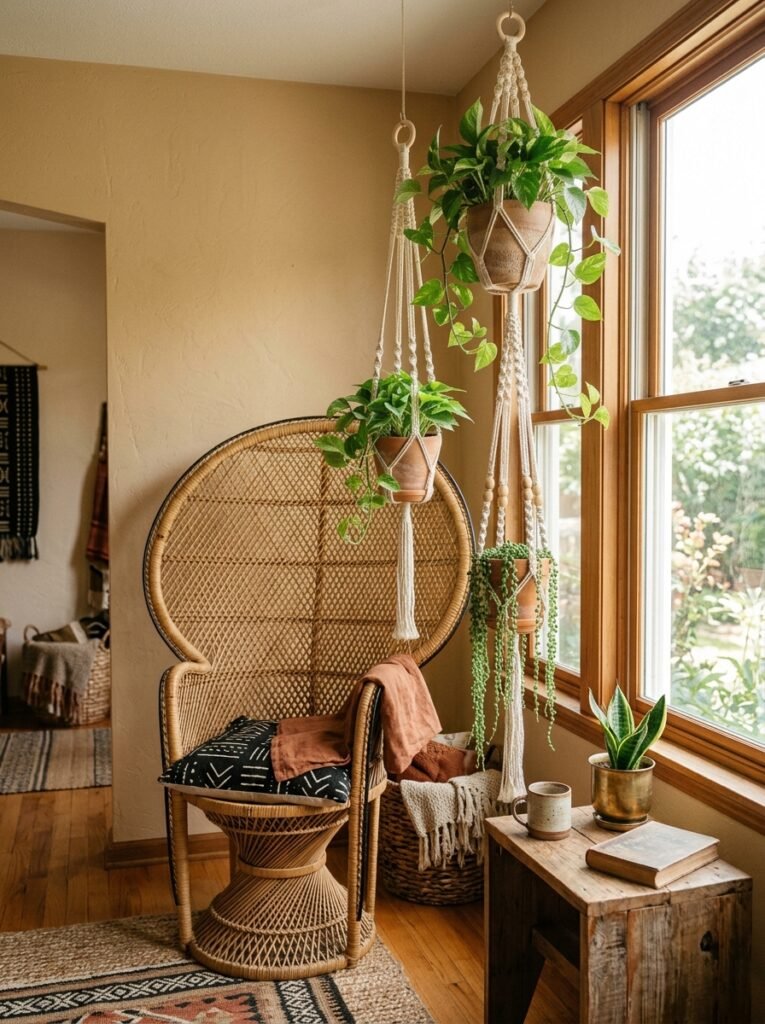 Macrame plant hangers with trailing plants near a window in an afrohemian living room