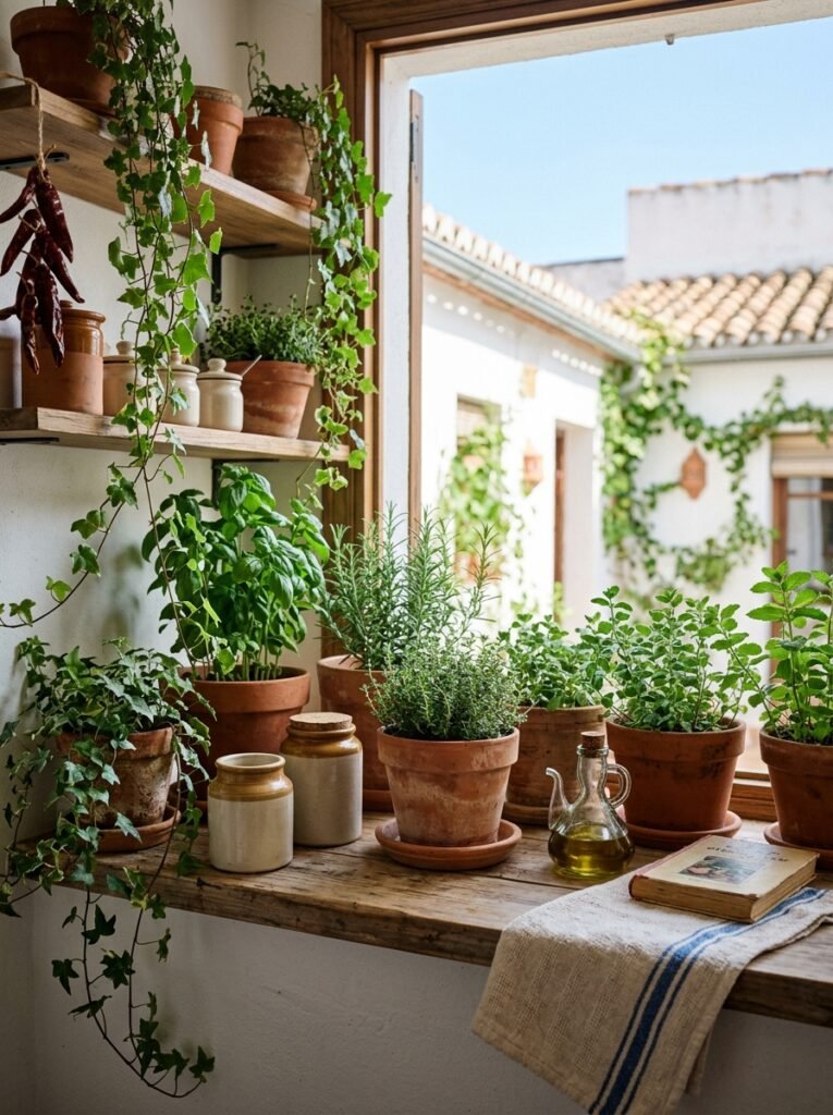 Potted herbs in terracotta pots in a Spanish kitchen