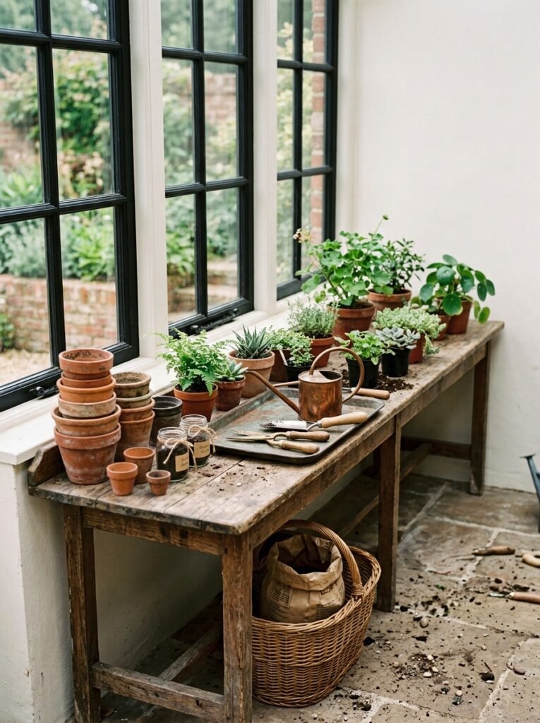 small potting bench in a sunroom