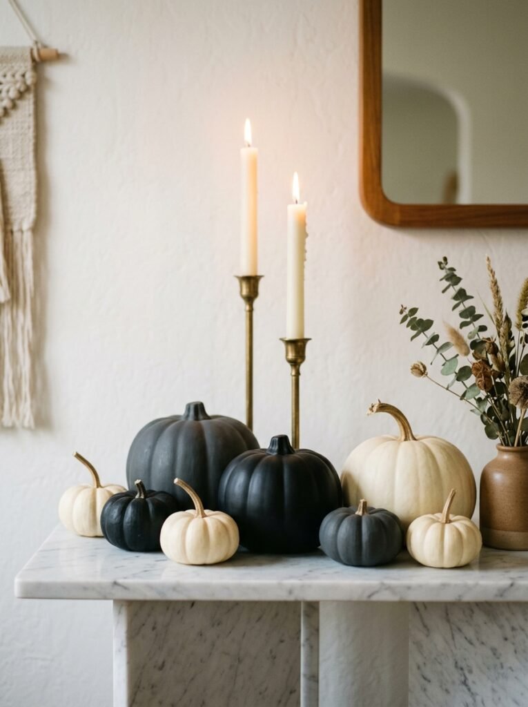 Matte black and cream pumpkins with brass candlesticks on a marble console