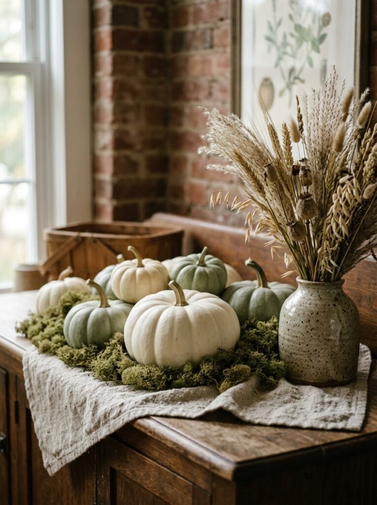 White and sage pumpkins nestled on moss and draped linen on a sideboard