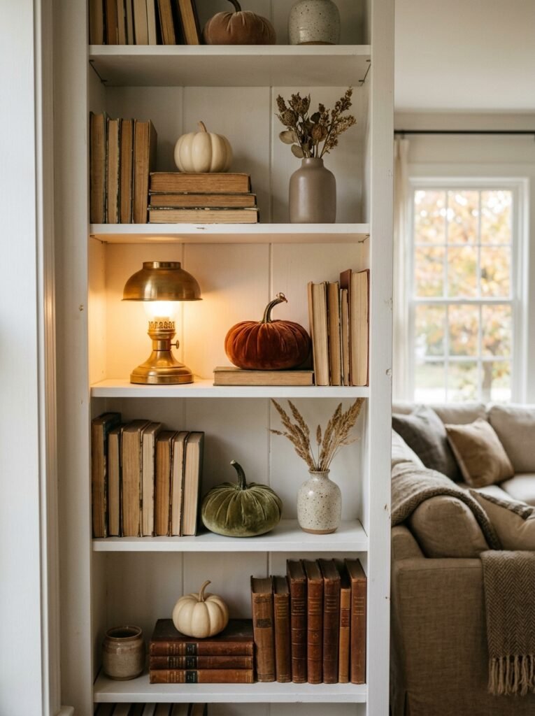 Small cream and velvet pumpkins tucked into a white bookshelf