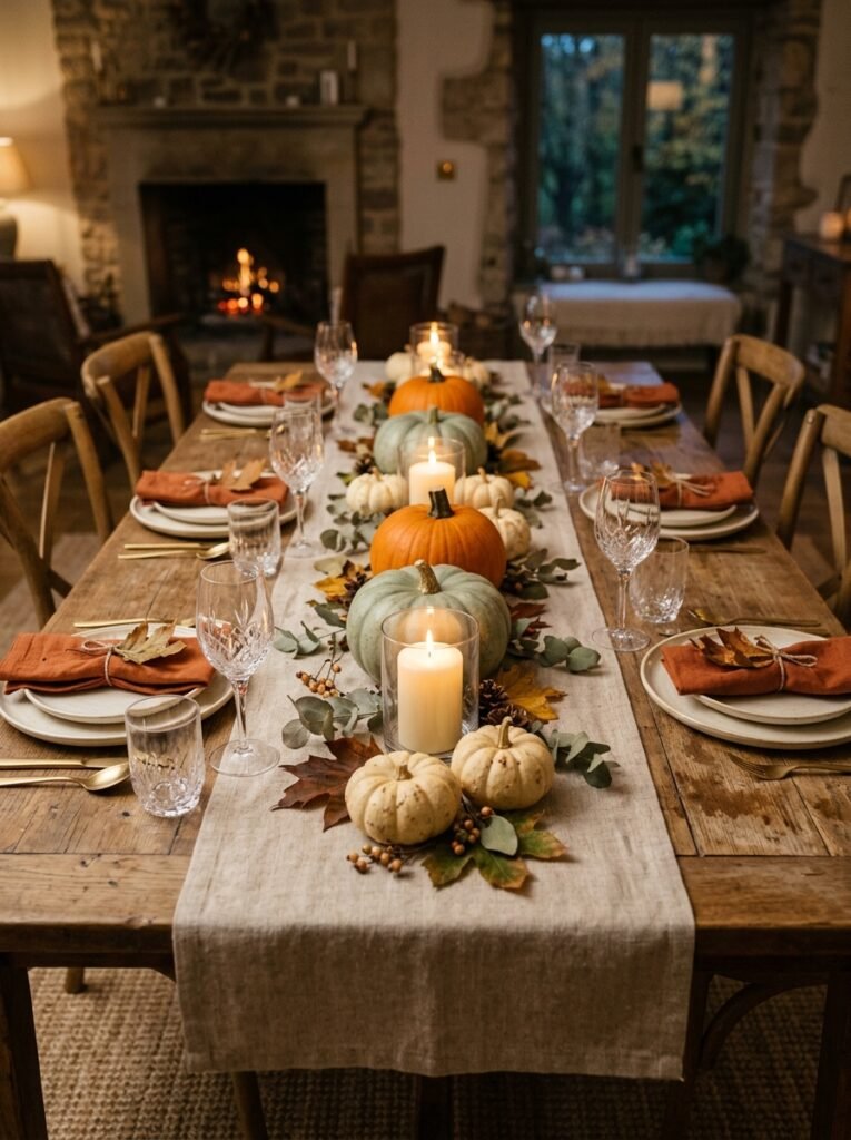 pumpkins and candles centerpiece