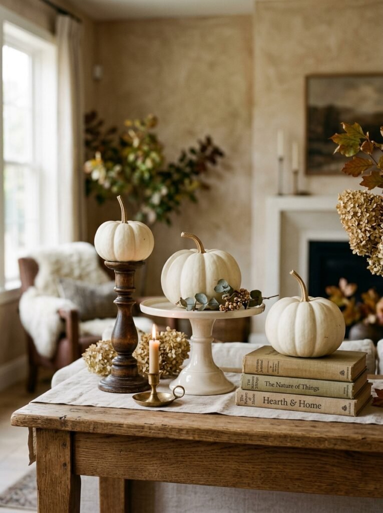 pumpkins displayed on pedestals 
