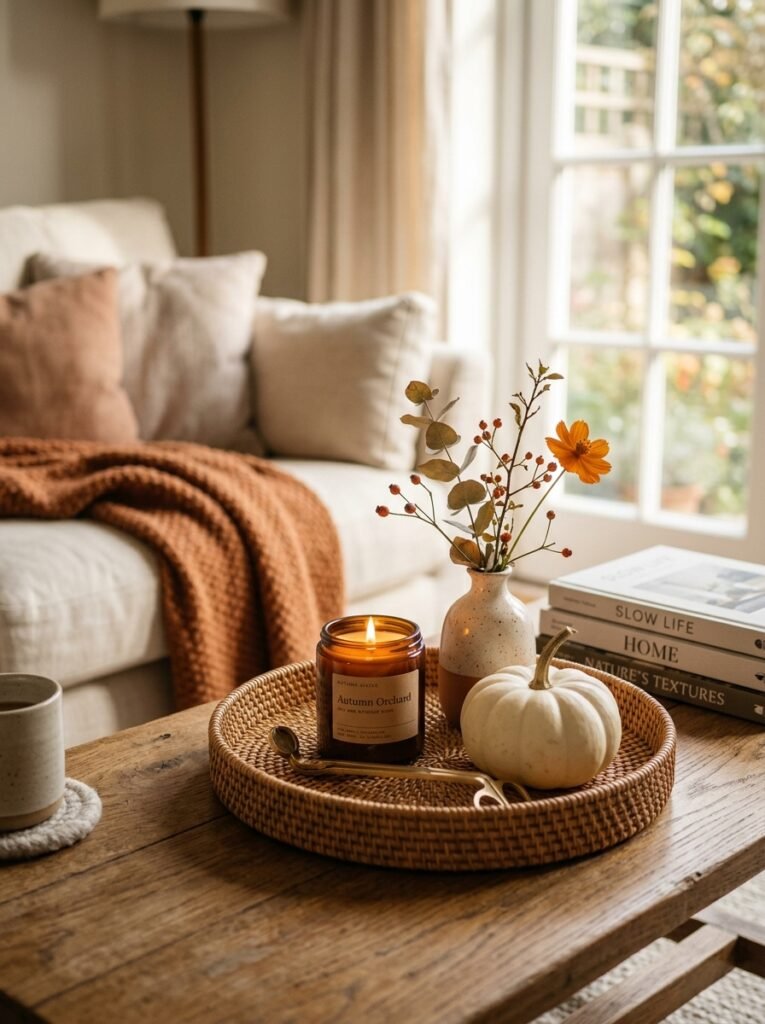 Rattan tray with candle, pumpkin and vase on a fall coffee table