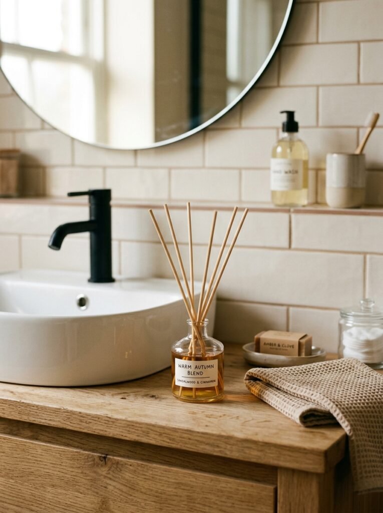 Small reed diffuser beside a bathroom sink