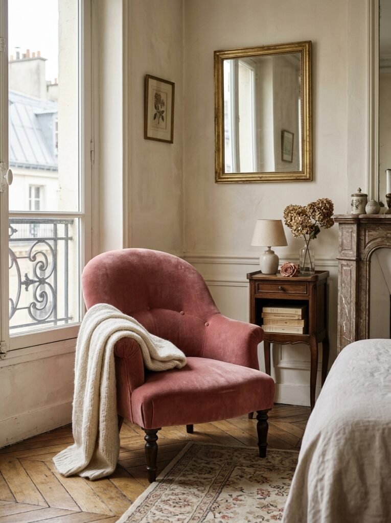 Dusty rose velvet slipper chair in a bedroom corner