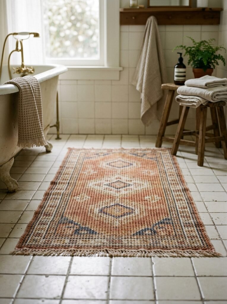Washable waffle-patterned rug on bathroom tile