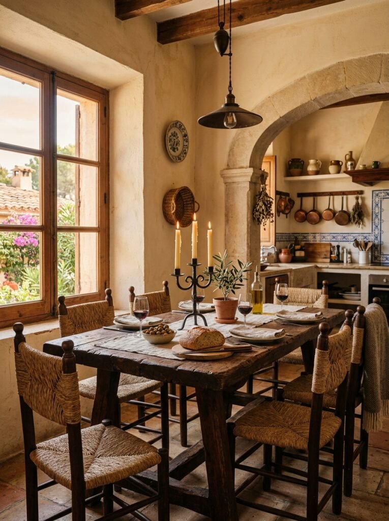 Rustic wood dining nook in a Spanish style kitchen
