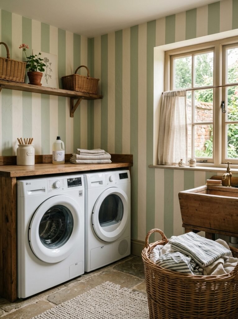 Sage striped wallpaper in a small farmhouse laundry room