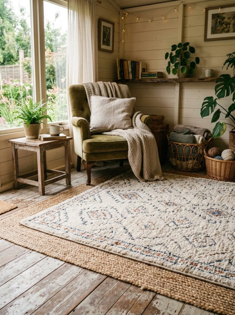 15 Dreamy She Shed Ideas For Your Own Backyard Escape she shed floor layered rugs