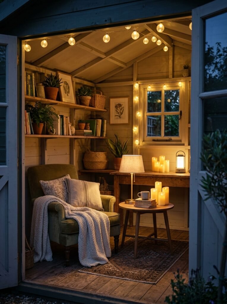 15 Dreamy She Shed Ideas For Your Own Backyard Escape she shed glowing at evening