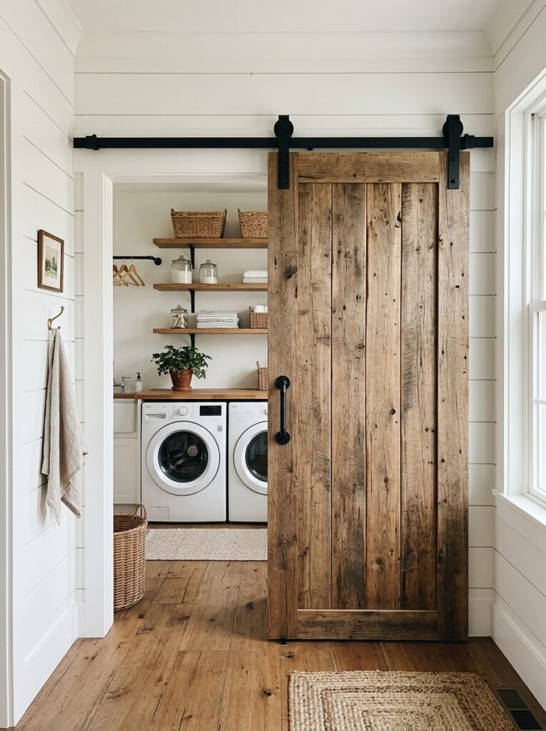 Sliding barn door at a farmhouse laundry room entrance