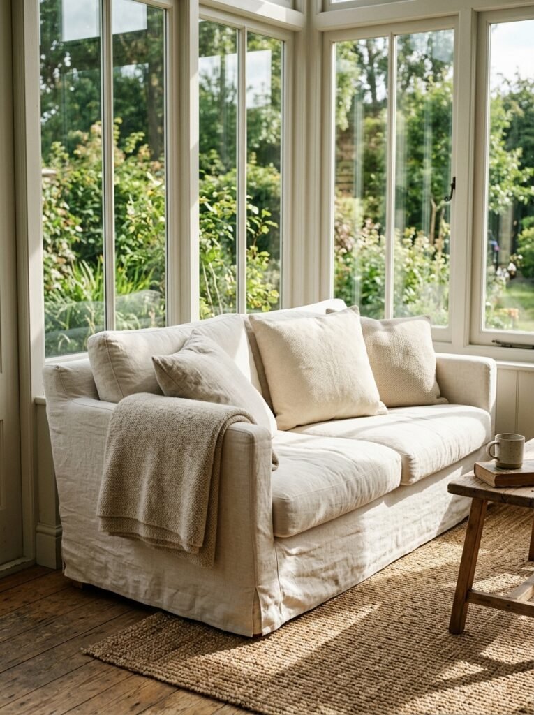 linen slipcovered sofa in a sunny sunroom