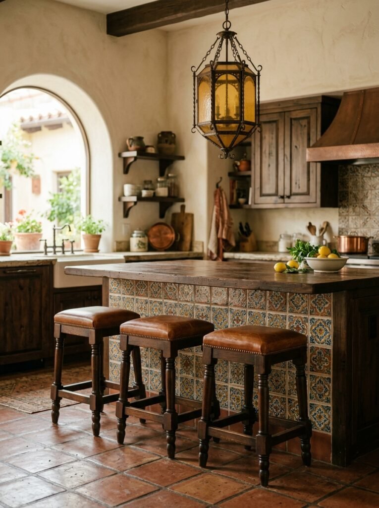 Dark wood counter stools with cognac leather seats at a Spanish style kitchen island