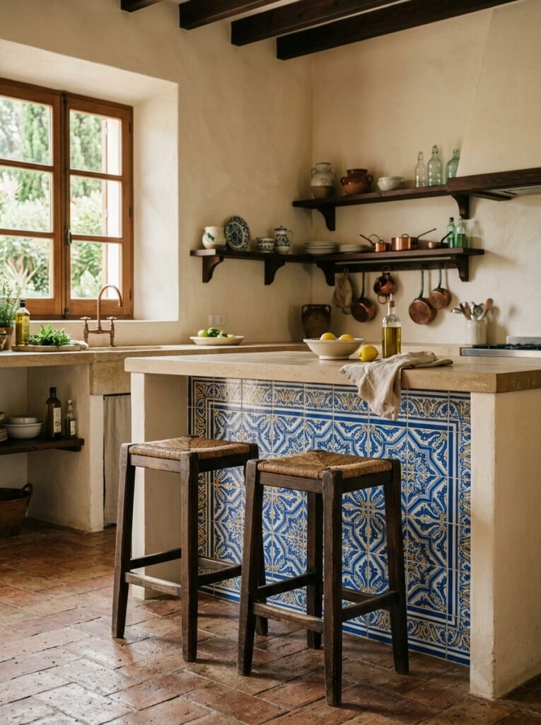 Kitchen island with a hand-painted patterned tile front in a Spanish style kitchen
