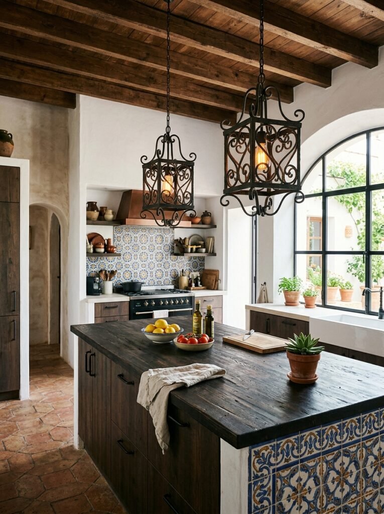 Wrought iron lantern pendant above a Spanish kitchen island
