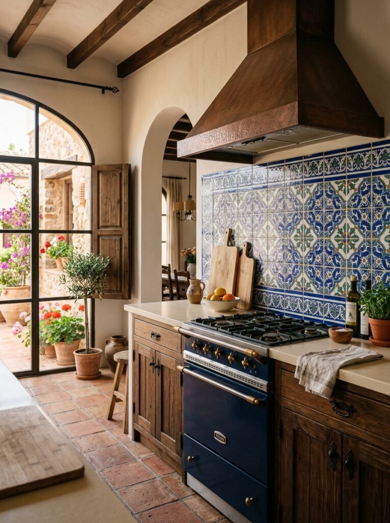 Blue and white patterned tile backsplash in a Spanish style kitchen