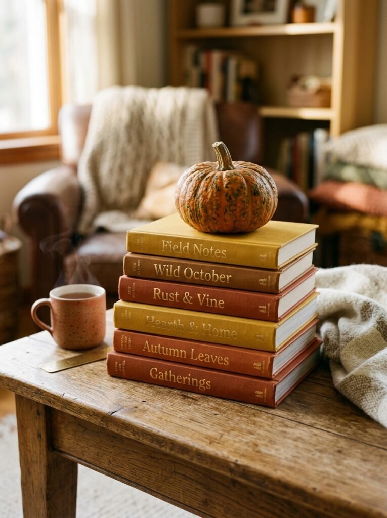 Stacked books in autumn colors with a small pumpkin on top