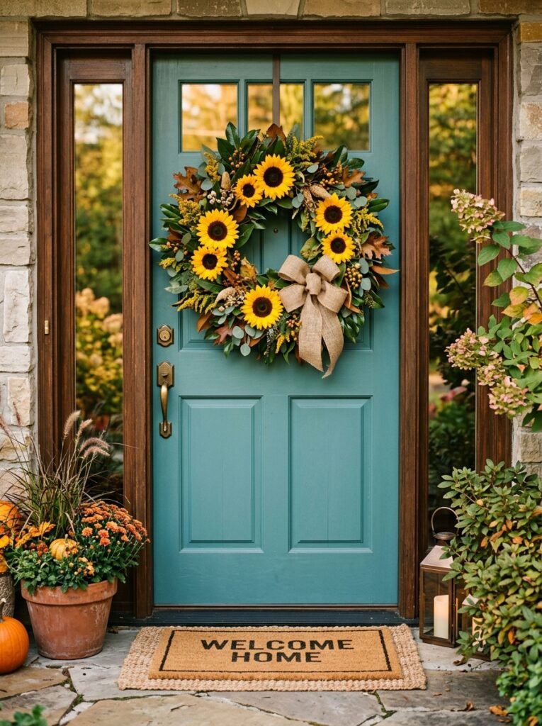 sunflower wreath on front door 