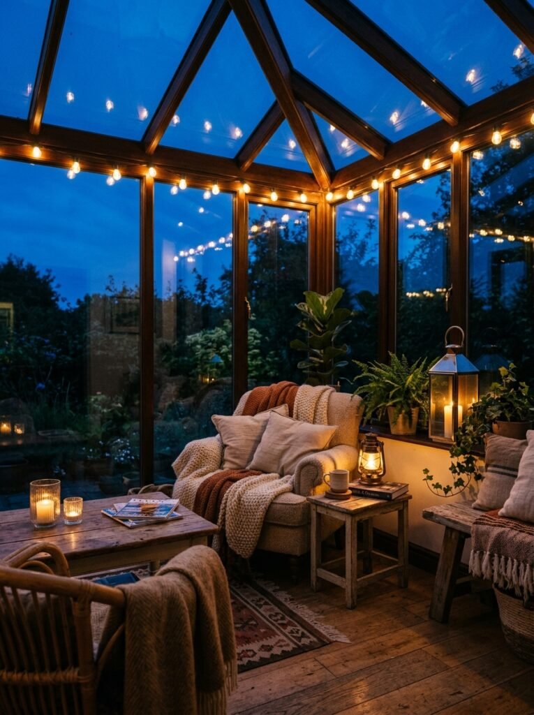 sunroom at dusk with string lights 