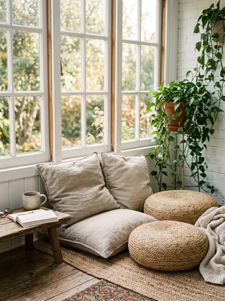 floor cushions and poufs in a sunroom