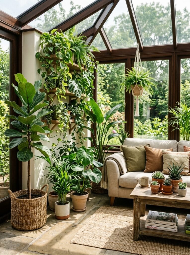 sunroom filled with lush plants 