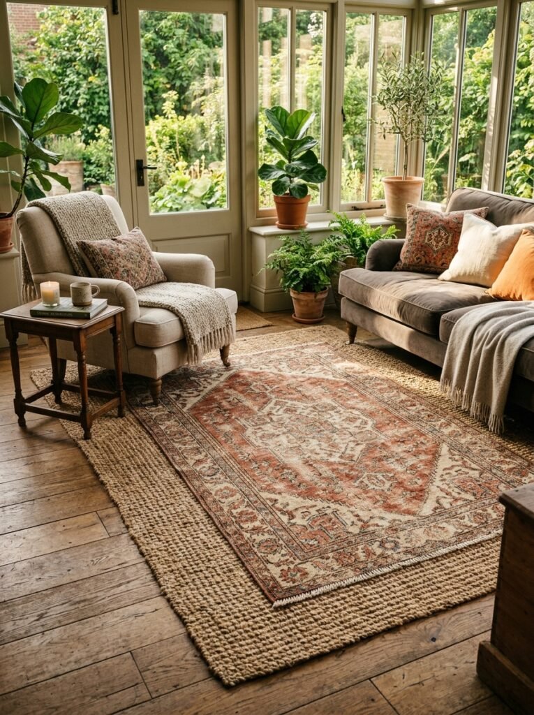 sunroom floor with jute rug 