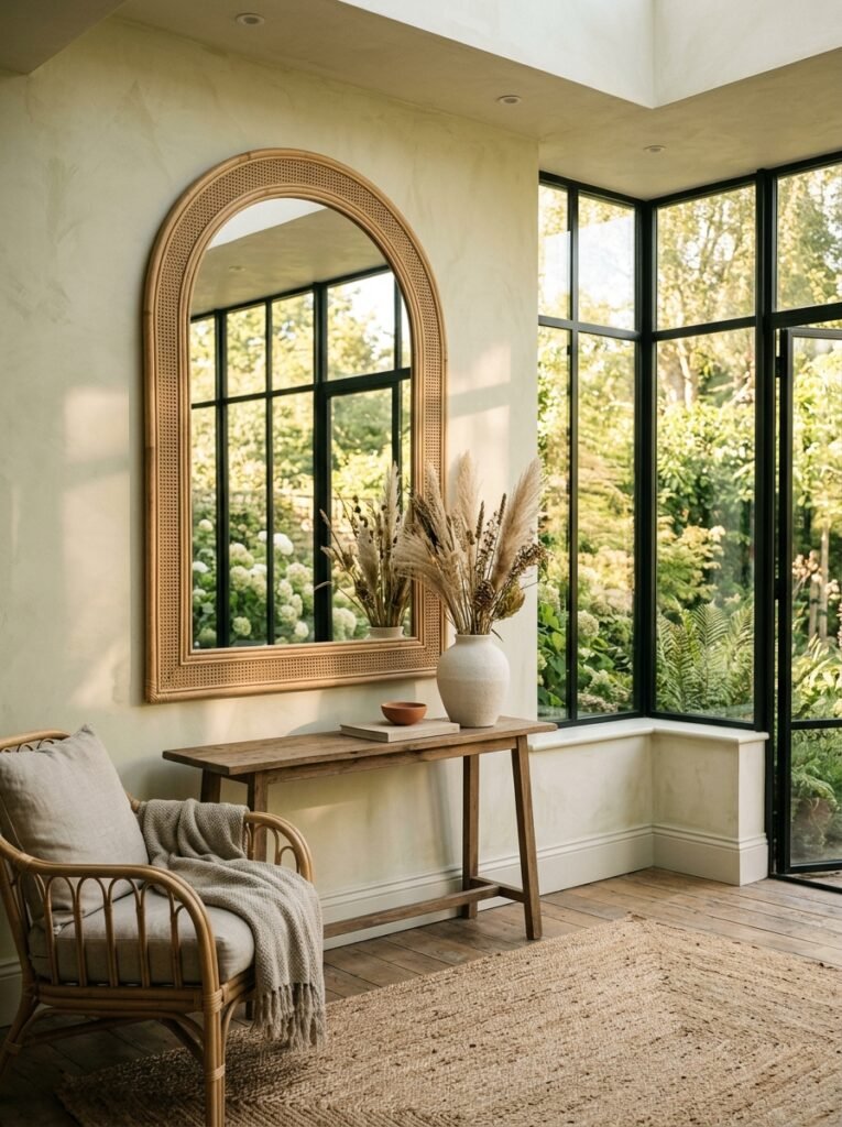 arched mirror reflecting light in a sunroom