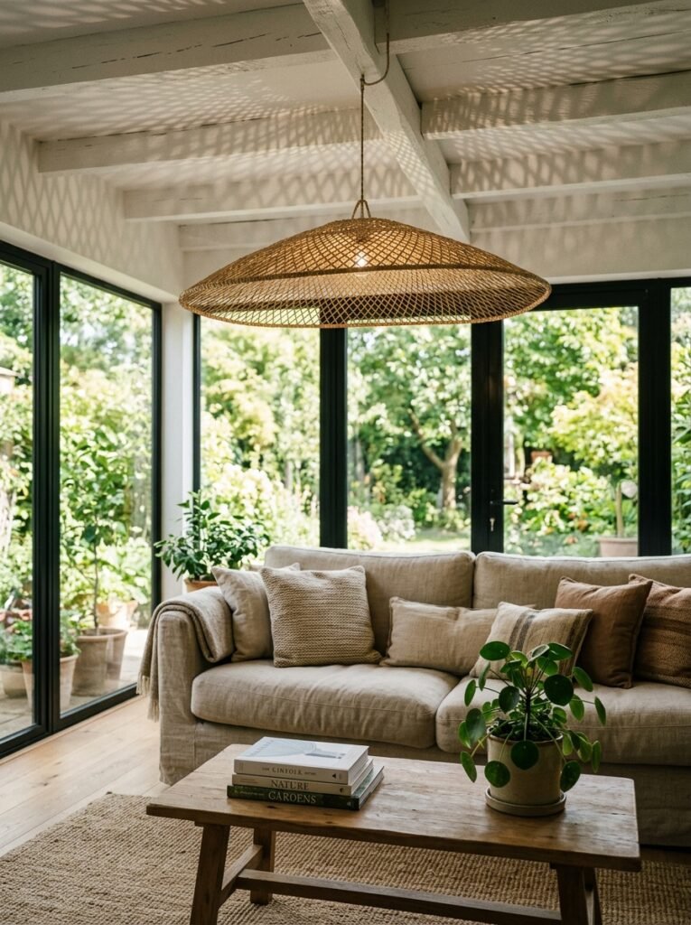 woven rattan pendant light in a sunroom