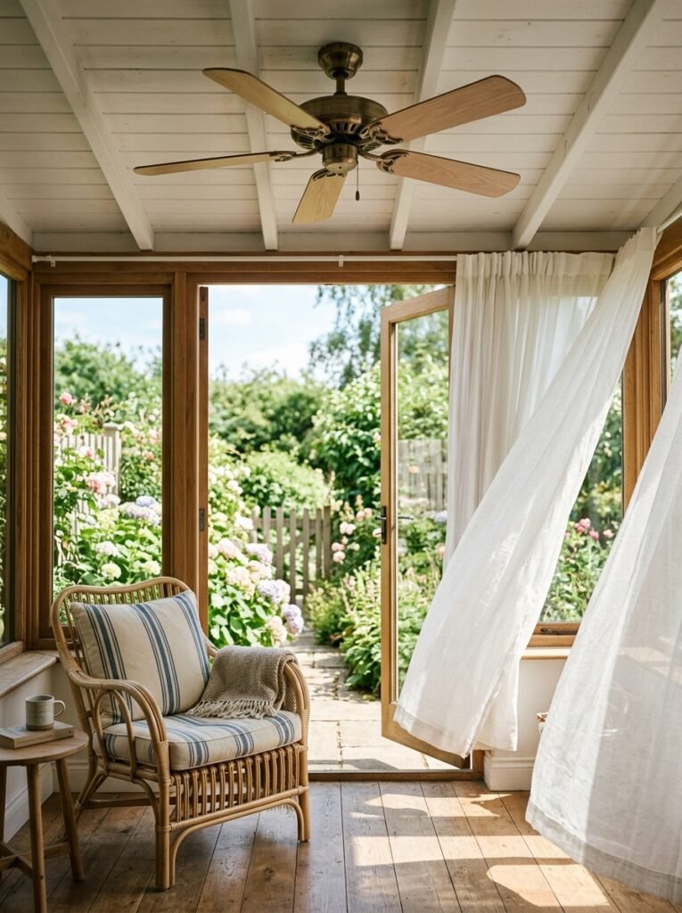 wood ceiling fan in a bright sunroom